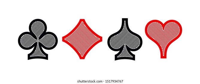 Set diamonds clovers hearts spades Four Playing card suits icons template black and red color editable. High quality outline Playing card suit symbol mobile app pictogram isolated on white background