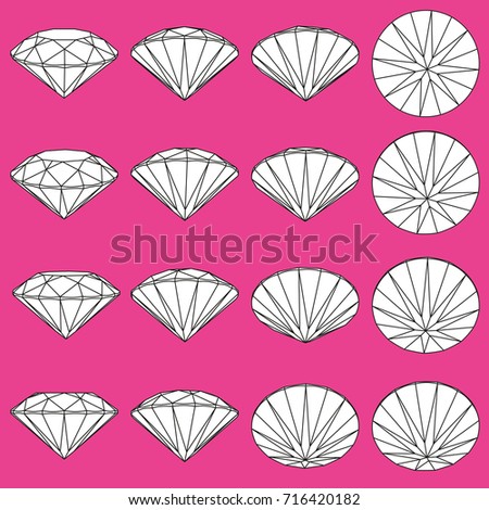 Set of diamonds from different angles. Brilliant cut.