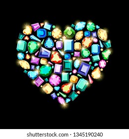 Set of diamonds of different colors and different cut on a black background. Precious stones of different colors and different cut. Stylish gold and silver accessories for women. Diamond heart.