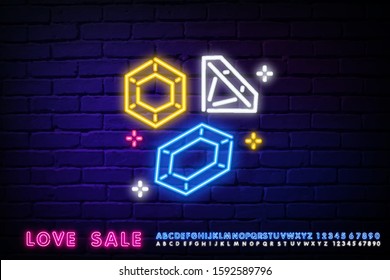 Set of diamonds of different colors. Neon bright sign. Jewelry with diamonds. Vector image. Neon gems. The icon of diamonds for jewelry. Processed diamonds