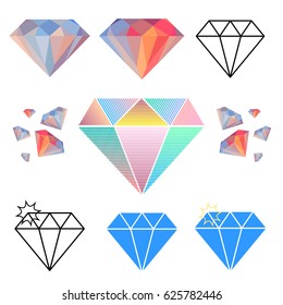 Set of diamonds in different styles on a transparent background. Vector illustration. Set of different crystals 