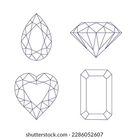 Eine Reihe von Diamanten im flachen Stil. Abstrakte schwarze, blaue Symbole für die Diamantensammlung. Lineares Rahmenzeichen. Vektorsymbol Logo-Design Diamanten Eps10. Vektorgrafik.