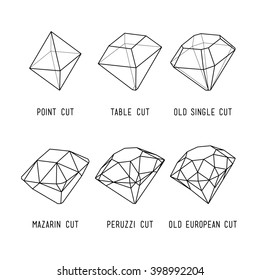 Set of diamonds and gemstones with various types of cut. Line art polygonal shape. Minimal abstract shape. Sacred geometry. Stock vector.