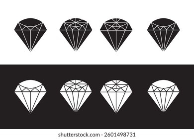 Set of diamonds line in a flat icons style. Abstract black and white diamond collection icons. Gemstone icons in a linear minimal style. Vector icon logo design diamonds.
