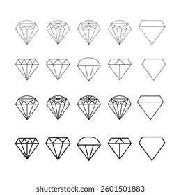 Set of diamonds line in a flat icons style. Abstract black diamond collection icons. Gemstone icons in a linear minimal style. Vector icon logo design diamonds.