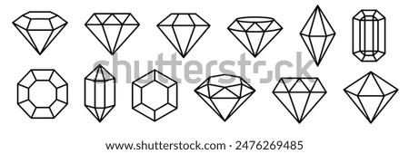 Set of diamonds line in a flat icons style. Abstract black diamond collection icons. Gemstone icons in a linear minimal style. Vector icon logo design diamonds.