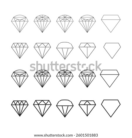 Set of diamonds line in a flat icons style. Abstract black diamond collection icons. Gemstone icons in a linear minimal style. Vector icon logo design diamonds.