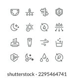 Set of diaper and baby pants feature icons, absorption, breathable, cotton, nappy and linear variety vectors.