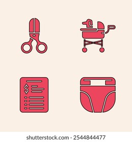 Set Diaper for dog, Scissors hairdresser, Pet stroller and Grooming salon price list icon. Vector