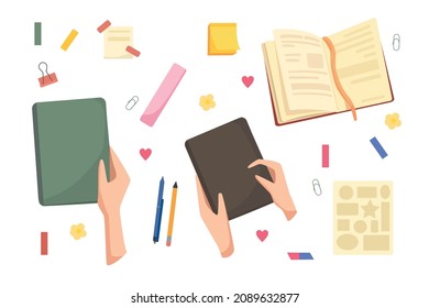 A set of diaries with concessionary attributes. Write about personal problems, take notes in a notebook, fill out a diary. Cartoon vector illustration isolated on white background.