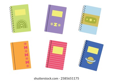 Set of diaries, school notebooks, organizers. Isolated vector illustration in flat style.