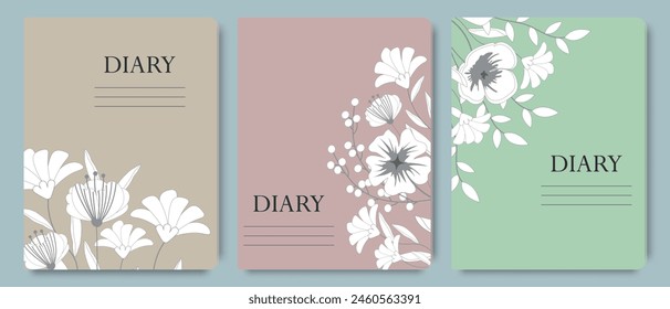 A set of diary cover templates with hand drawn floral design. Abstract retro botanical background, for school notebooks, planners, brochures, books, catalogs, covers.