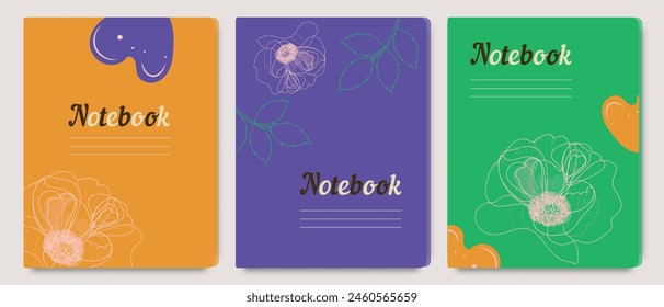 A set of diary cover templates with hand drawn floral design. Abstract retro botanical background, for school notebooks, planners, brochures, books, catalogs, covers.