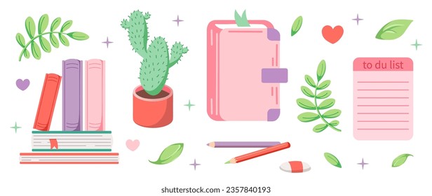 Set diary of girl. Hand drawn stationery element set. School equipment icons. Pink color. Vector Flat illustration.