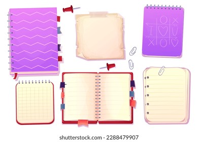 Set diary, note book in cartoon style top view, open, closed isolated on white background. Book with bookmarks and spiral, daily planner.