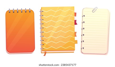 Set diary, note book in cartoon style top view, open, closed isolated on white background. Book with bookmarks and spiral, daily planner.