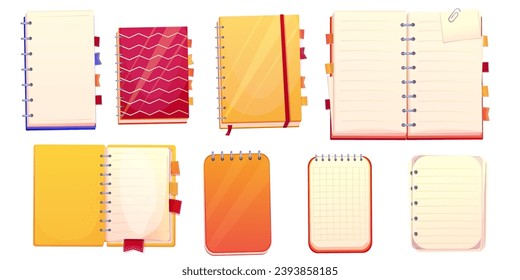 Set diary, note book in cartoon style top view, open, closed isolated on white background. Book with bookmarks and spiral, daily planner.