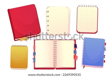 Set diary, note book in cartoon style top view, open, closed isolated on white background. Book with bookmarks and spiral, daily planner.