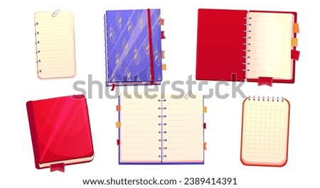 Set diary, note book in cartoon style top view, open, closed isolated on white background. Book with bookmarks and spiral, daily planner.