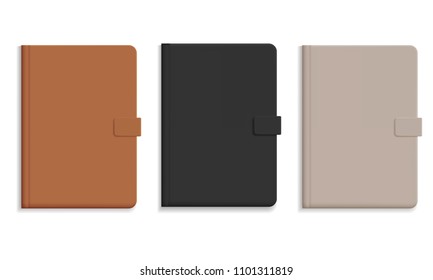 Set Of Diary Or Notebook In Hard Leather Cover, Black And Brown And Champagne Color - Vector