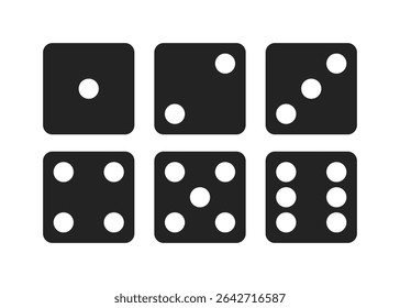 Conjunto de ícones de dados com seis dados em preto mostrando vários números de pontos para jogos, chance e representação de probabilidade.