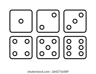 Set of dice icons with six dice in outlined versions showing various numbers of dots for gaming, chance, and probability representation.