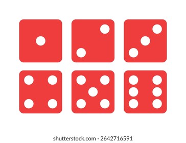 Set of dice icons with six dice in red showing various numbers of dots for gaming, chance, and probability representation.