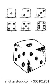 Set of dices. Hand drawn sketch on white background. Vector illustration.