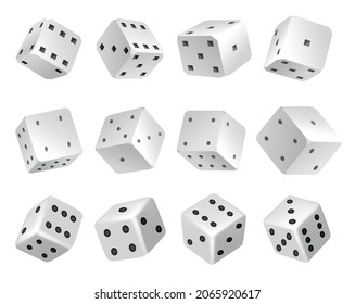 Set of dices - realistic white cubes with random numbers of black dots or pips and rounded edges. Vector game cubes isolated. Isolated 3d objects for hobbies