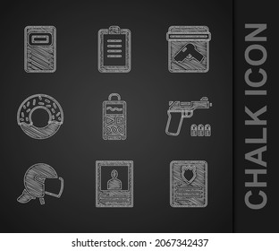 Set Dictaphone, Wanted poster, The arrest warrant, Pistol or gun, Police helmet, Donut, Evidence bag with and assault shield icon. Vector