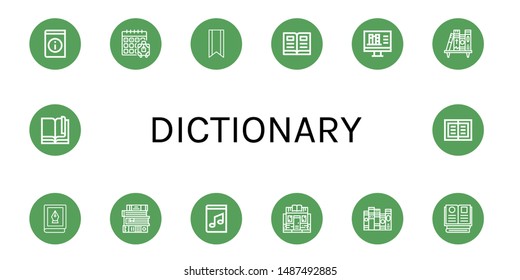 Set of dictionary icons such as Book, Booking, Bookmark, Open book, Online library, Bookshelf, Books, Music book, Bookstore , dictionary