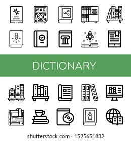 Set of dictionary icons. Such as Book, Magazine, History book, Bookshelf, Bookmark, Books, Audiobook, Online library, Encyclopedia , dictionary icons
