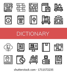 Set of dictionary icons. Such as Dictionary, Book, Books, History book, Bookstore, Bookshelf, Magazine, Audiobook, Online library, Bookmark , dictionary icons