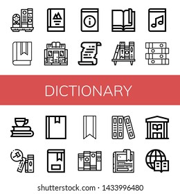Set of dictionary icons such as Bookshelf, Book, Bookstore, Literature, Music book, Books, Bookmark, Library, Encyclopedia , dictionary