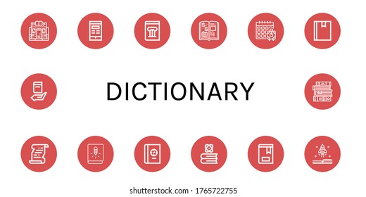 Set of dictionary icons. Such as Bookstore, Book, History book, Finance book, Booking, Literature, Books , dictionary icons
