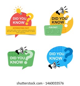 Set of did you know badges with big question mark, megaphone and bulb icon label