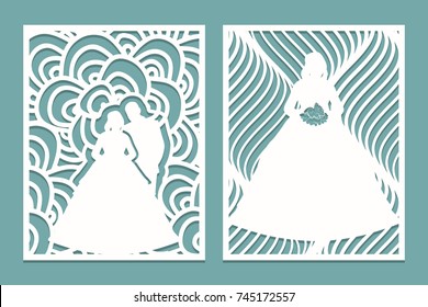 Set of die laser cut card with the silhouette of the bride and groom. Template for wedding invitation or greeting card. Panel stencil pattern. Vector illustration.