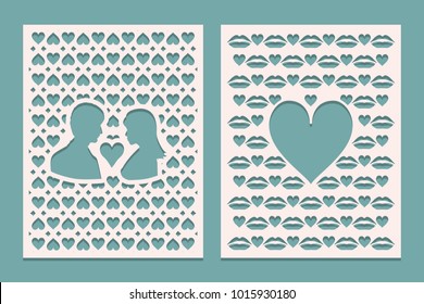 Set of die laser cutting panels with openings in the form of silhouettes for Valentines day. May be used for laser cut. Openwork background. Vector illustration