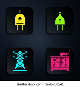 Set Diesel power generator, Electric plug, High voltage power pole line and Electric plug. Black square button. Vector