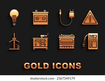 Set Diesel power generator, Exclamation mark in triangle, Battery, Car battery, Wind turbine, Charger, Light bulb with concept of idea and  icon. Vector