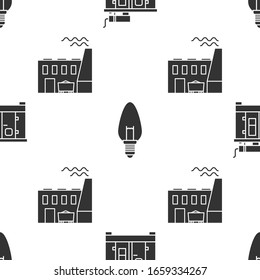 Set Diesel power generator, Light bulb and Coal power plant and factory on seamless pattern. Vector
