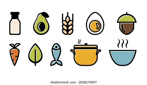 Set of diet icons and ingredient labels in color. Ketogenic, paleolithic, dairy-free, vegetarian, and vegan, fish and nuts, cooking broth and bowl