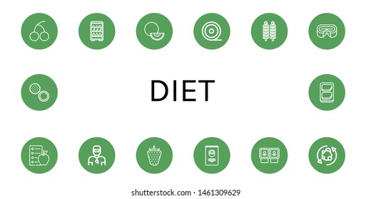 Set of diet icons such as Cherry, Fruits, Melon, Medical tape, Brussels sprouts, Cheese, Diet, Trainer, Strawberry, Nuts, Yogurt, Metabolism, Rambutan, Chicken breast , diet