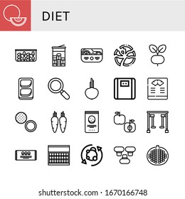 Set von Diätsymbolen. Zum Beispiel Melon, Spinat, Mint, Salat, Broken Platte, Radish, Hühnerbrust, Active, Zwiebel, Bathroom-Skala, Rambutan, Karotten, Schokoladenchip, Apple , Diätsymbole