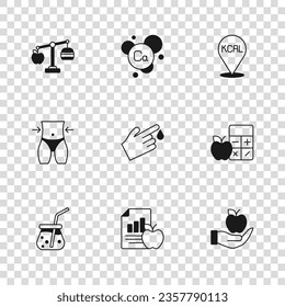 Set Diet plan, Calorie calculator, Apple, Finger blood, Kcal, calcio y icono de la cintura de mujeres. Vector