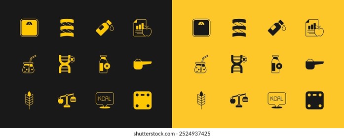 Set Diet plan, Calorie calculator, Lactose intolerance, Kcal, No GMO, Bottle of water, Bathroom scales and Sports nutrition proteine icon. Vector