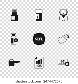 Establecer plan de dieta, sangre de dedo, sin OMG, Kcal, cintura de las mujeres, vitaminas, y el icono de intolerancia a la lactosa. Vector