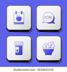 Set Diet plan, Kcal, Vitamins and Salad bowl icon. White square button. Vector