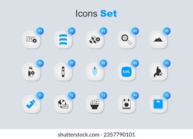Set Diet Plan, Smart Uhr mit Herz, Sport Ernährung Proteine, Flasche Wasser, Bad Waage, Gesundheit des menschlichen Magens, Kein GVO und Weizen Symbol. Vektorgrafik