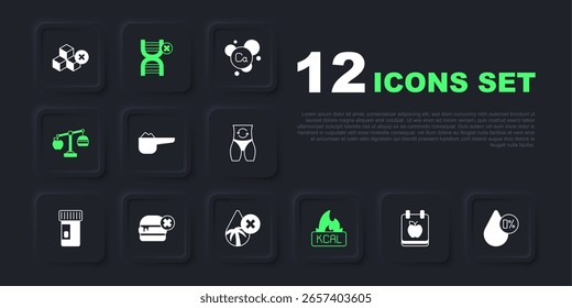 Plan de dieta, balance de agua, proteína de nutrición deportiva, Kcal, calculadora de calorías, sin hamburguesas, OGM y aceite de palma icono libre. Vector